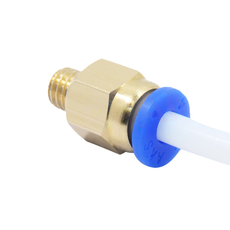 A 3D Printing Perth - Cirrus Link Pneumatic Quick Connector for Teflon Tube, featuring a brass build with a threaded end and a blue plastic push-to-connect fitting, is attached to a white Teflon tube, making it ideal for integration into pneumatic systems.