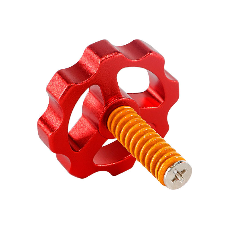 Upgrade your CR10 series with the red, star-shaped knob featuring an orange threaded metal screw from the CR10 M4 Leveling Spring & Nut Bed Platform Screw Kit by 3D Printing Perth - Cirrus Link. Perfect addition to your 3D printer accessories for optimized setup.