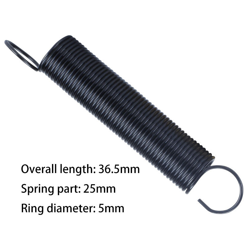 ASR Printer Arm Support Spring – Blackened carbon steel with hooked ends for arm stabilization. Overall length: 36.5mm, spring part: 25mm, ring diameter: 5mm. Ideal tension spring for Delta 3D printers.