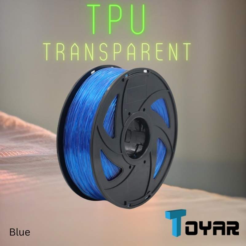 A spool of Toyar TPU Transparent 1.75mm 3D Printing Filament is shown against a blurred background, ideal for projects needing flexible filament.