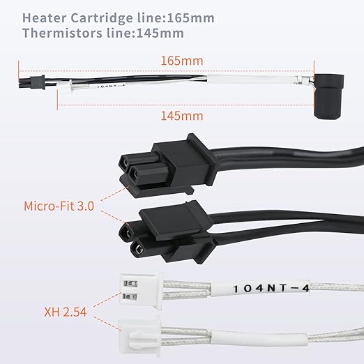 A close-up view features two types of connectors alongside the Voron 24 Prusa Extruder CHC V6 Volcano Ceramic Hot End Kit components by 3D Printing Perth - Cirrus Link. The connectors are labeled with measurements: Micro-Fit 3.0 at 165mm and XH 2.54 at 145mm.