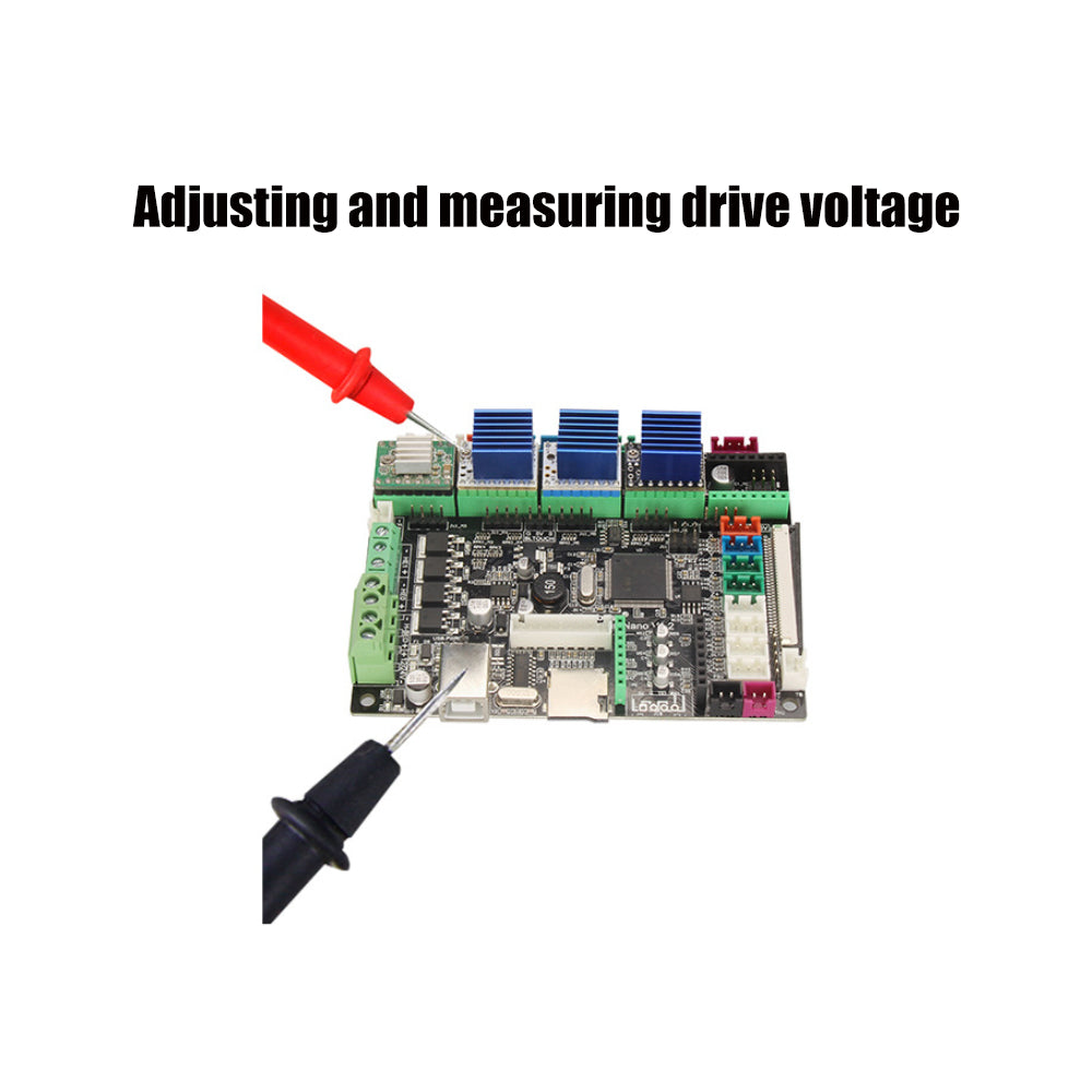A close-up of a circuit board shows red and black probes adjusting and measuring drive voltage on a TMC2208 V2.0 Stepper Motor Driver by 3D Printing Perth - Cirrus Link. Text above reads, "Adjusting and measuring drive voltage for silent operation.