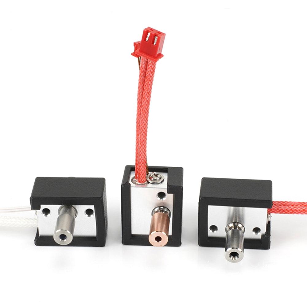 The Ender3 S1 Spirit TC4 Throat kit by 3D Printing Perth - Cirrus Link includes three 300C print head nozzles, featuring the CuCrZr option, with wiring connectors in black and silver casings for precision and durability, specifically designed for the Ender 3 S1.