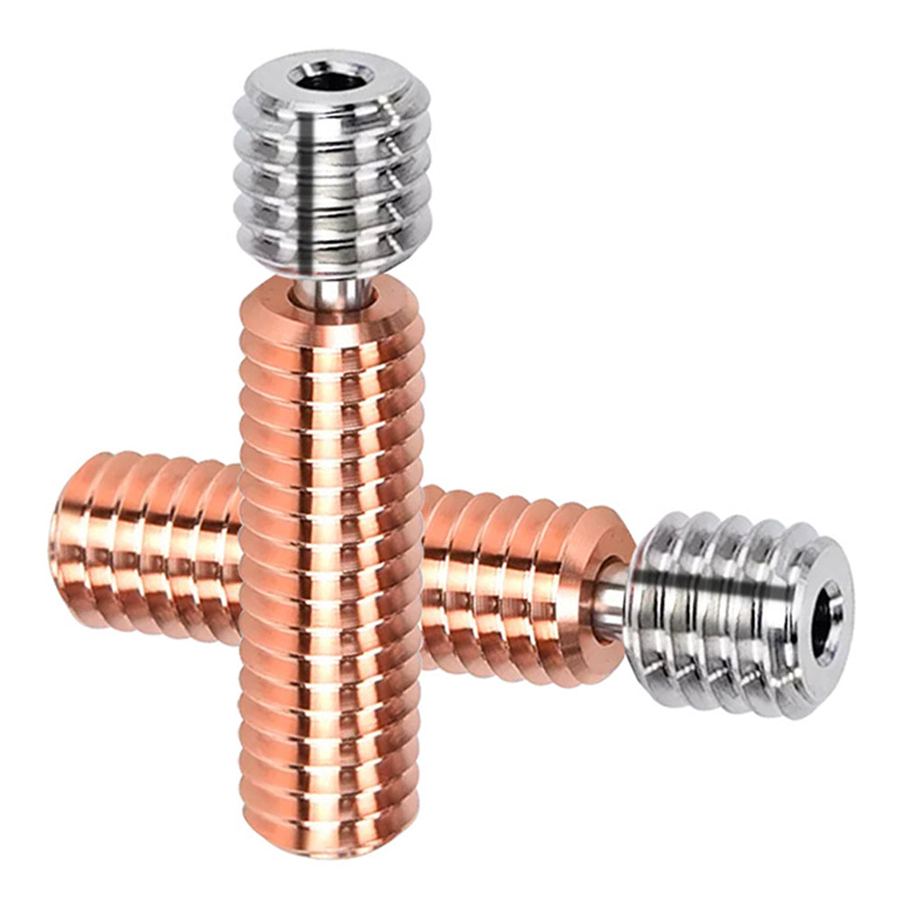 Two heatsinks, the MK8 Official TC4 Copper Plated Nickel Plated CuCrZr M6x26mm Throat by 3D Printing Perth - Cirrus Link, with ribbed cylindrical designs—one copper plated and one silver—crossed on a white background.