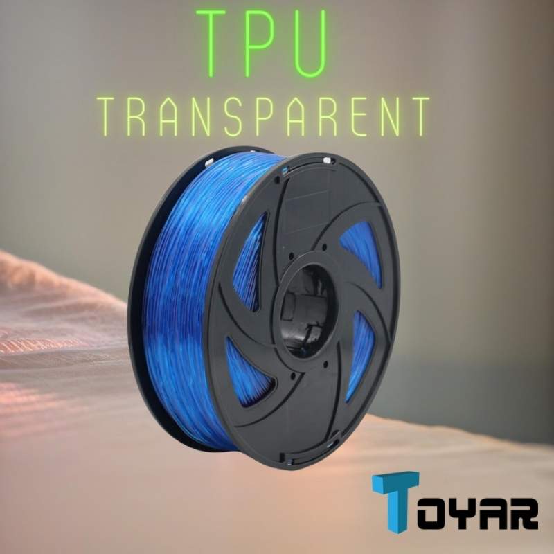 A spool of Toyar TPU Transparent 1.75mm 3D Printing Filament, with "TPU Transparent" and the Toyar logo shown above and below the flexible filament spool.