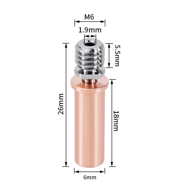 This Prusa Mini All Metal Throat TC4 features a distinctive TC4 titanium alloy component with dimensions: M6 screw, 26mm length, 6mm diameter, 1.9mm tip width, and a notable 5.5mm section made by 3D Printing Perth - Cirrus Link.