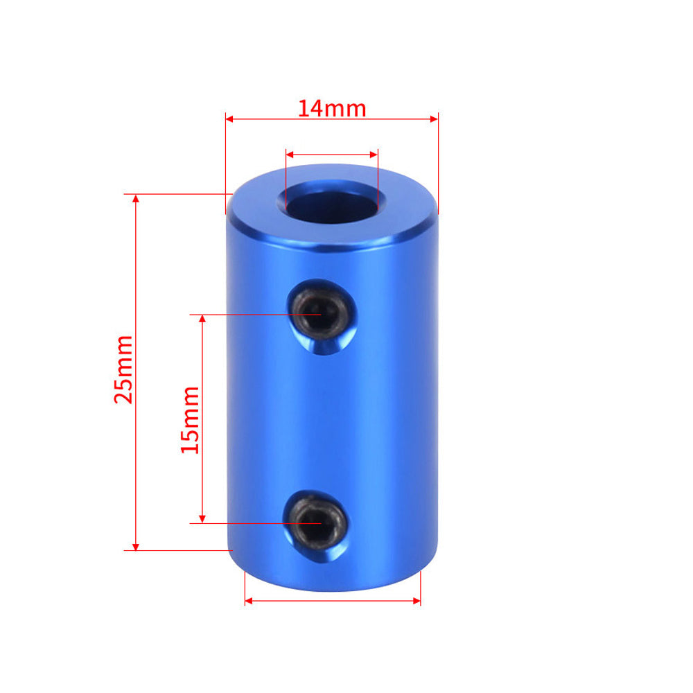 The ASR Aluminum Shaft Coupling for Motor & Lead Screw Linkage is blue, cylindrical, with two side screws, measures 25mm high by 14mm diameter, and features red-labeled distances.