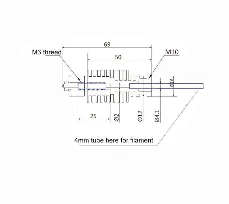 This technical drawing of the V5 Remote Extruder Head Bowden 0.4mm from 3D Printing Perth - Cirrus Link includes precise labeling for M6 and M10 threads, along with a section designed to accommodate a 4mm tube for filament. It also features compatibility with a Bowden extruder, making it ideal for 3D printing setups.