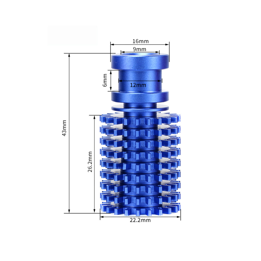 The V6 Upgraded Version Remote Heat Sink by 3D Printing Perth - Cirrus Link is a blue, cylindrical metal object with a ribbed, gear-like design and labeled measurements, perfect for thermal management using advanced 3D printing techniques.