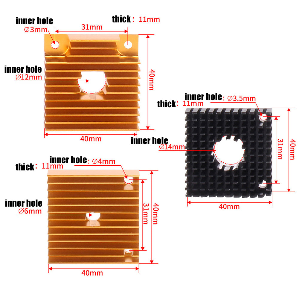 Set of three square MK7/MK8 40x40x11mm heat sinks for 3D printer extruders from 3D Printing Perth - Cirrus Link; two gold MK8, one black MK7, with labeled thickness and inner hole diameter.