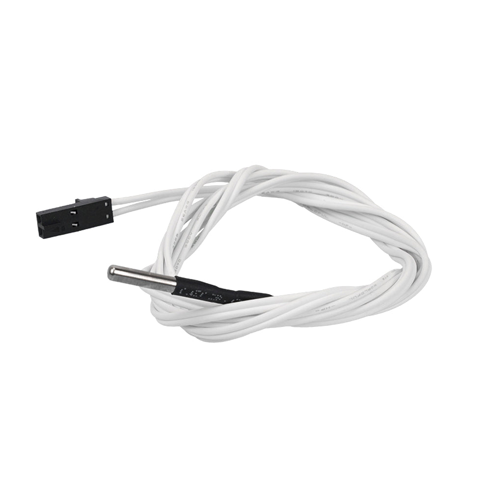 A white electronic wire with a cylindrical metal sensor, compatible with the Voron 2.4, includes a black connector. It’s the Prusa i3 MK3S Voron 2.4 Thermistor and Thermocouple Sensor by 3D Printing Perth - Cirrus Link, measuring 3x12mm and 1 meter in length.