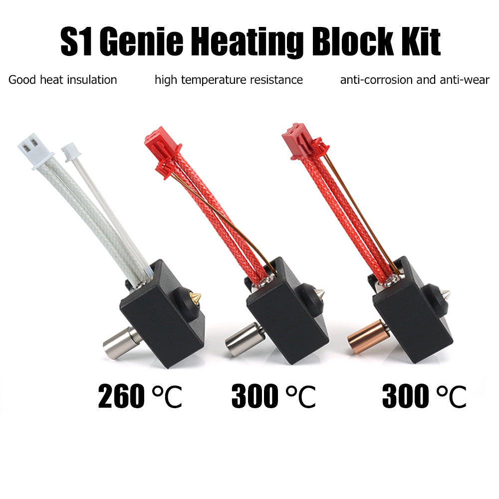 Three S1 Genie Heating Block Kits are displayed with temperatures: 260°C, 300°C, and 300°C. Perfect for the Ender3 S1 setup from 3D Printing Perth - Cirrus Link, each kit has outstanding insulation, high temperature resistance (up to 300°C), and anti-corrosion features—great additions to your 3D printing kit.