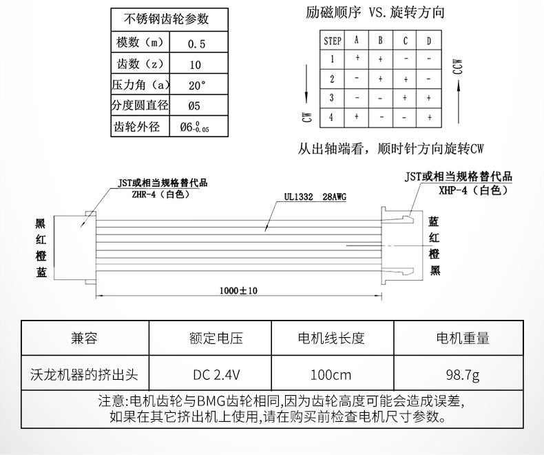 Diagram of the VORON 36 Stepper Motor with Cable, by 3D Printing Perth - Cirrus Link, showing technical specs such as voltage (2.4V), length, and weight. Chinese text explains its high-temperature resistance and crucial role in precision for 3D printers.