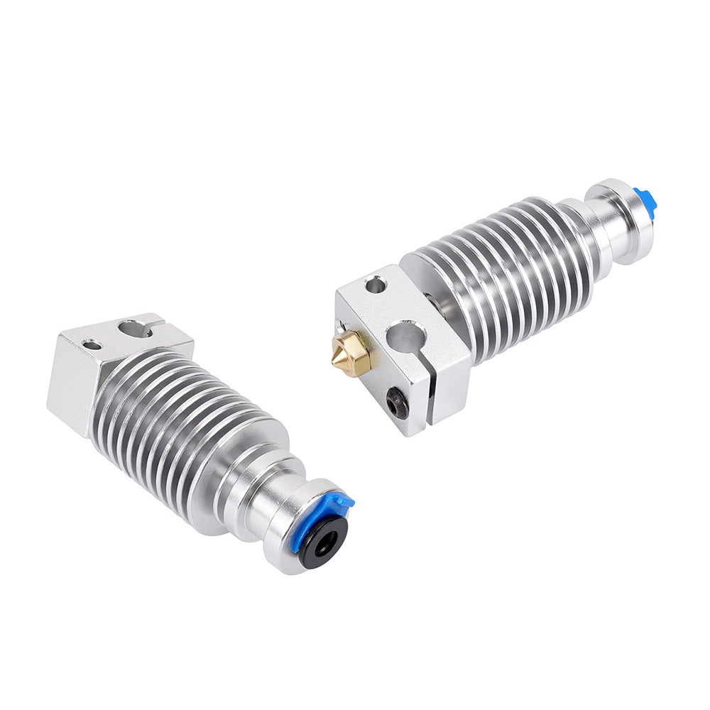 Two Voron 2.4 Trident E3D V6 Hotend Extruder Assemblies from 3D Printing Perth - Cirrus Link, featuring metal heat sink components with a threaded design and nozzles, as well as blue and black plastic fittings on one end. Perfect for enhancing your 3D printer setup.