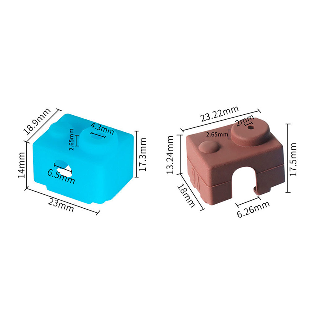Shown side by side are two block models, ideal for 3D printing setups, with precise measurements in millimeters. The left block is blue and the right one is brown, highlighting their thermal insulation features similar to the E3D V6 Silicone Insulation Cover from 3D Printing Perth - Cirrus Link.