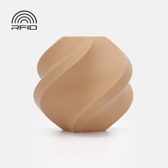 Beige geometric vase with a spiral design, made from Bambu Lab Filament - PLA Matte by Bambu Lab, shown on a plain white background. An RFID symbol is visible in the upper left corner.