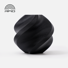 A matte black, spiral-shaped object 3D printed with 1.75mm BambuLab Filament Matte from 3D Printing Perth - Cirrus Link is shown on a white background, featuring a smooth surface and an RFID logo in the top left corner.