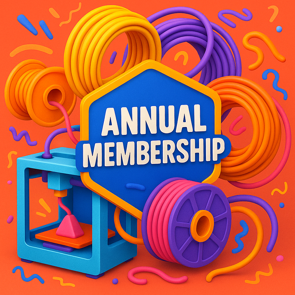 A vibrant graphic for "3D Printing Perth - Creator Membership (Annual)" by 3D Printing Perth - Cirrus Link features filament spools, 3D printer parts, and dynamic shapes on an orange background, emphasizing automatic savings.