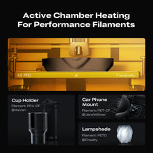 The Creality K2 Pro Combo 3D Printer is shown with active chamber heating, printing a cup holder, car phone mount, and lampshade from performance filaments. Reserve it now!.