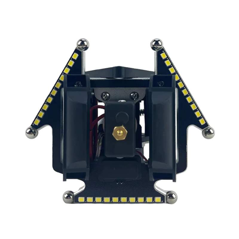 A small black and white robot with a light attached to it, functioning as an Flsun V400 Effector/Hotend for the FLSUN 3D printer.