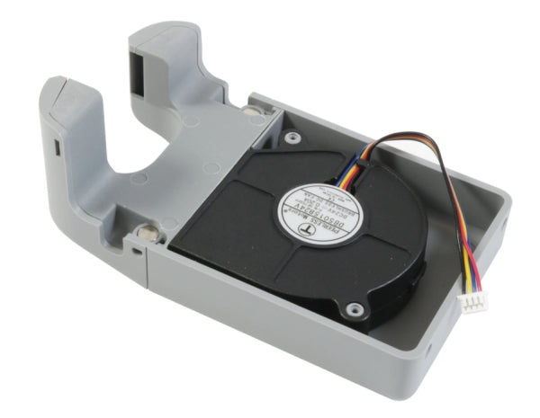 The Flashforge Adventurer 5M Extruder Front Cover with Cooling Fan features a gray plastic bracket holding a black fan with attached wires and connector. Compatible with Flashforge Adventurer 5M. Brand: Flashforge.
