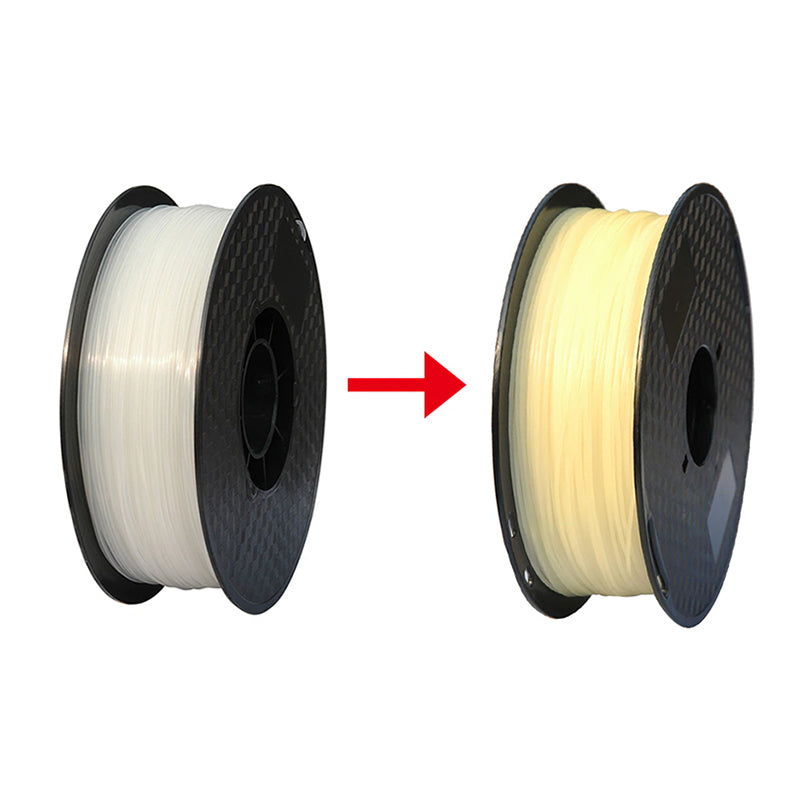 Two spools of Toyar PLA (UV Light Colour Change) 1.75mm filament, one white and one yellowish, are shown side by side with a red arrow indicating the colour change effect under UV light.