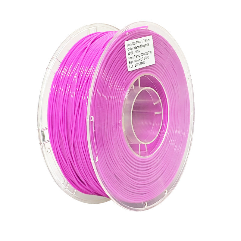 A spool of Toyar TPU Standard Colour 1.75mm 3D Printing Filament in pink, neatly wound on a transparent plastic reel and labeled with specifications, ideal for 3D printing projects by Toyar.
