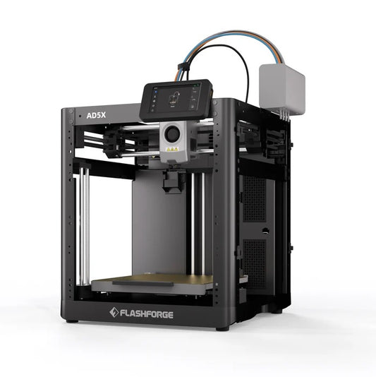 A black Flashforge AD5X 3D printer from 3D Printing Perth - Cirrus Link, featuring a touchscreen, enclosed frame, visible filament tubes, and reliable print recovery, is shown on a white background.