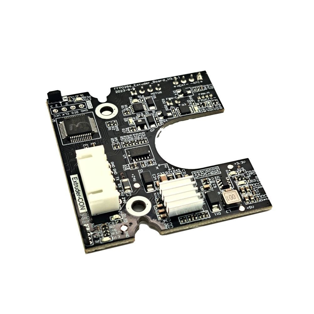 The Flashforge Adventurer 5M / 5M Pro Extruder Board, a black electronics board with connectors and a cutout on one side, compatible with the Flashforge Adventurer 5M, is shown isolated on a white background.