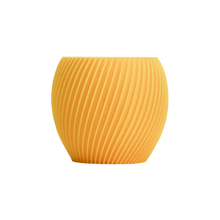 A round, yellow vase with a matte finish and diagonal ridged pattern, 3D printed using Flashforge PETG 1.75mm filament, is displayed against a plain white background.