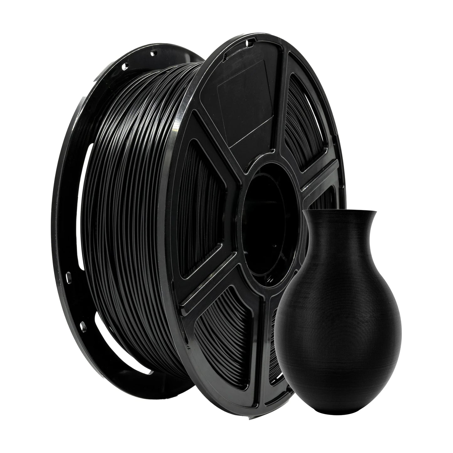 A spool of Flashforge PLA 1.75mm 3D Printing Filament - Matte Colour from 3D Printing Perth - Cirrus Link is shown next to a small black 3D-printed vase.