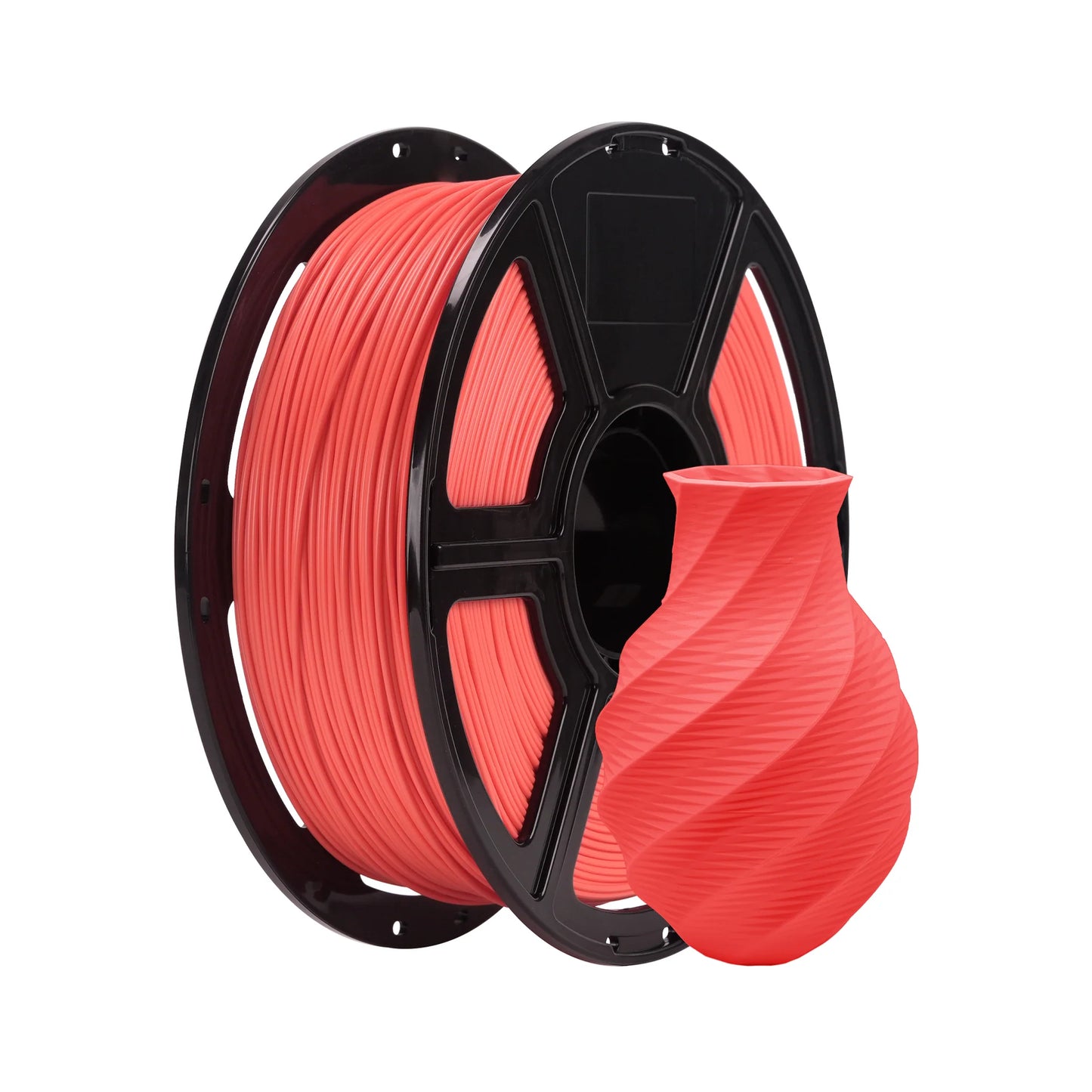 A spool of Flashforge PLA 1.75mm 3D Printing Filament - Matte Colour by 3D Printing Perth - Cirrus Link sits beside a red, spiral-patterned 3D printed vase, both displayed on a white background.