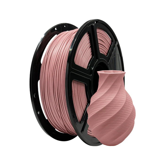 A spool of Flashforge PLA Matte 1.75mm 3D Printing Filament in pink is shown with a small pink 3D-printed vase in front.