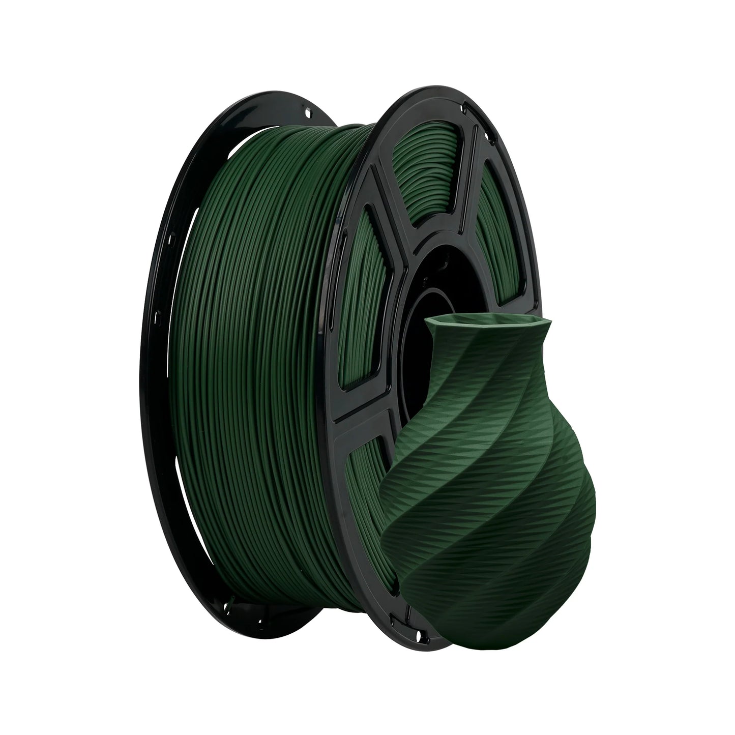 A spool of Flashforge PLA 1.75mm 3D Printing Filament - Matte Colour by 3D Printing Perth - Cirrus Link and a small, twisted vase-shaped print made from the same filament are displayed on a white background.