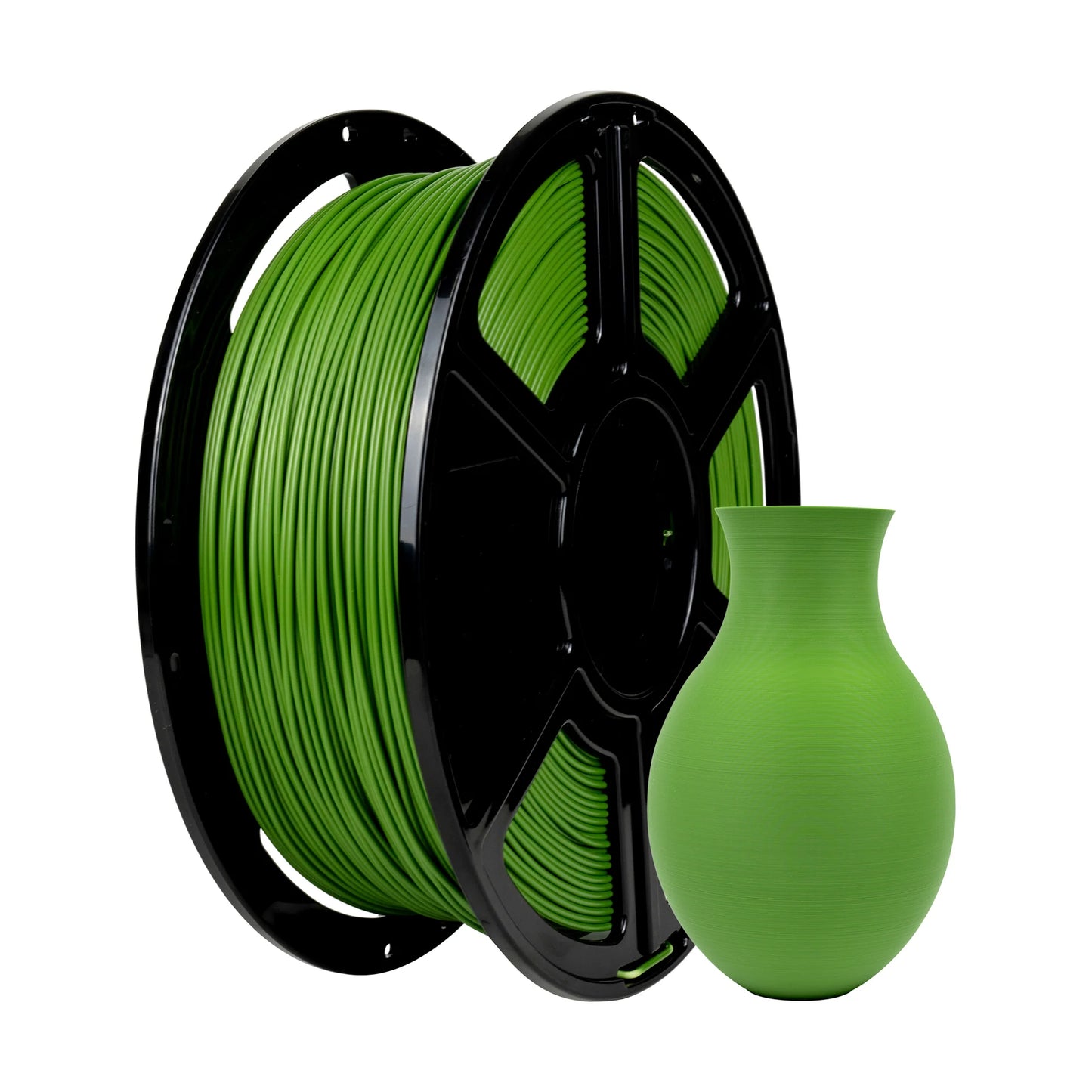 A spool of Flashforge PLA 1.75mm Matte Colour Filament by 3D Printing Perth - Cirrus Link sits beside a matching green 3D-printed vase, both displayed on a clean white background.