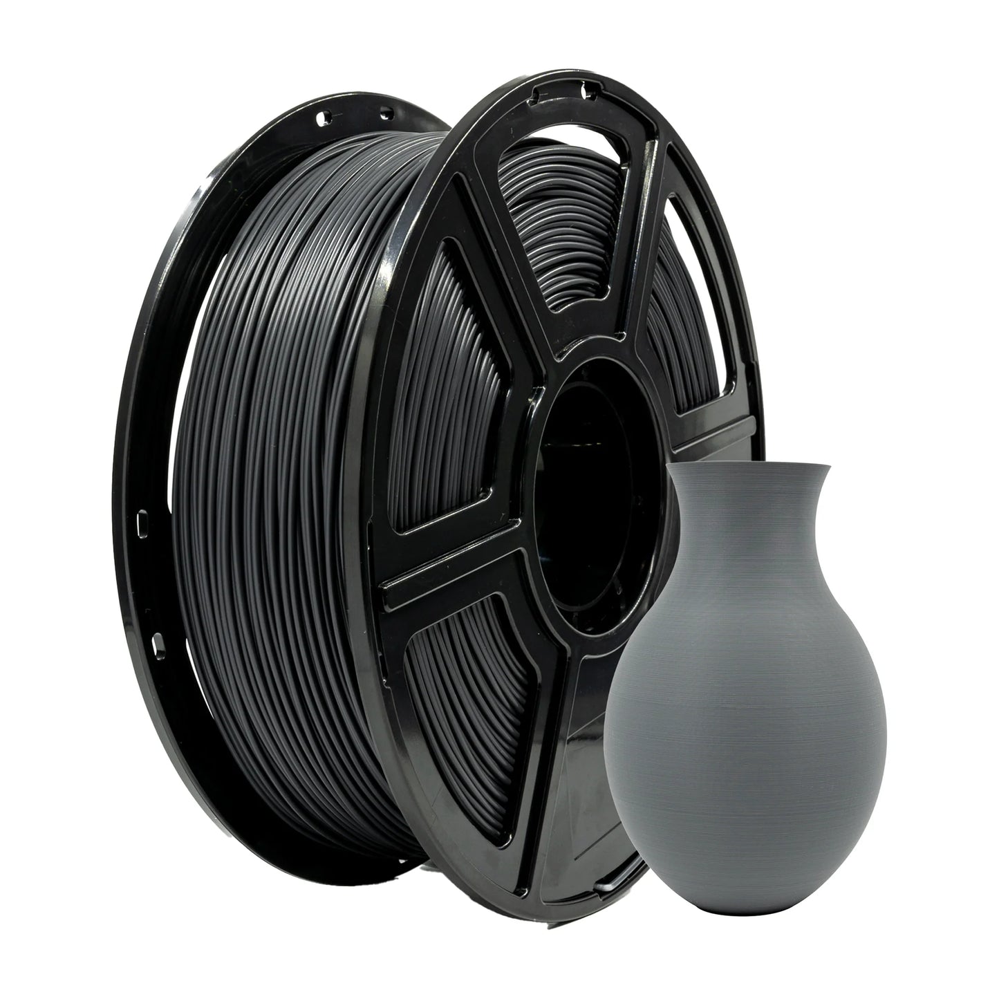 A spool of Flashforge PLA 1.75mm Matte Colour filament from 3D Printing Perth - Cirrus Link sits next to a small gray 3D-printed vase.