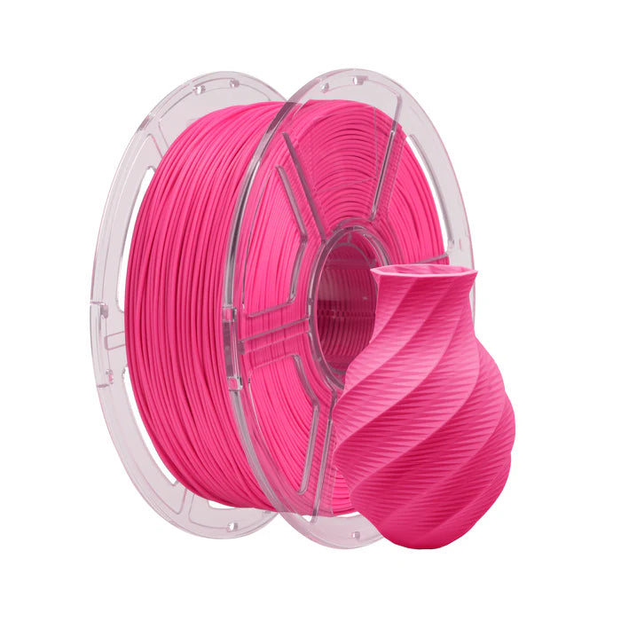 A spool of Flashforge PLA Matte 1.75mm 3D Printing Filament in pink is shown with a small, twisted pink vase made from the filament—ideal for precise and creative 3D printing projects.