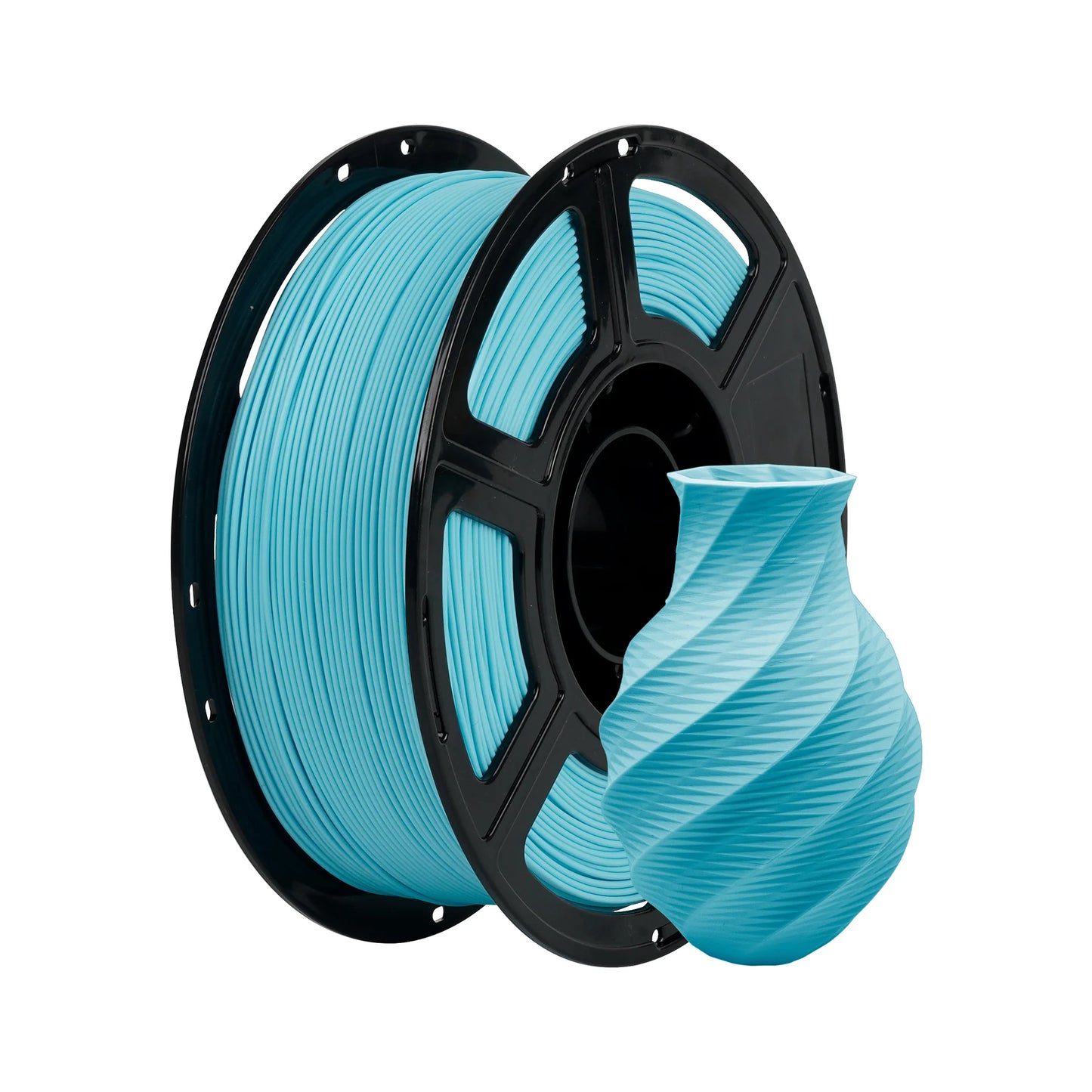 A spool of Flashforge PLA 1.75mm Matte Colour filament from 3D Printing Perth - Cirrus Link sits beside a matching spiral-patterned vase, both highlighting the filament’s quality on a white background.