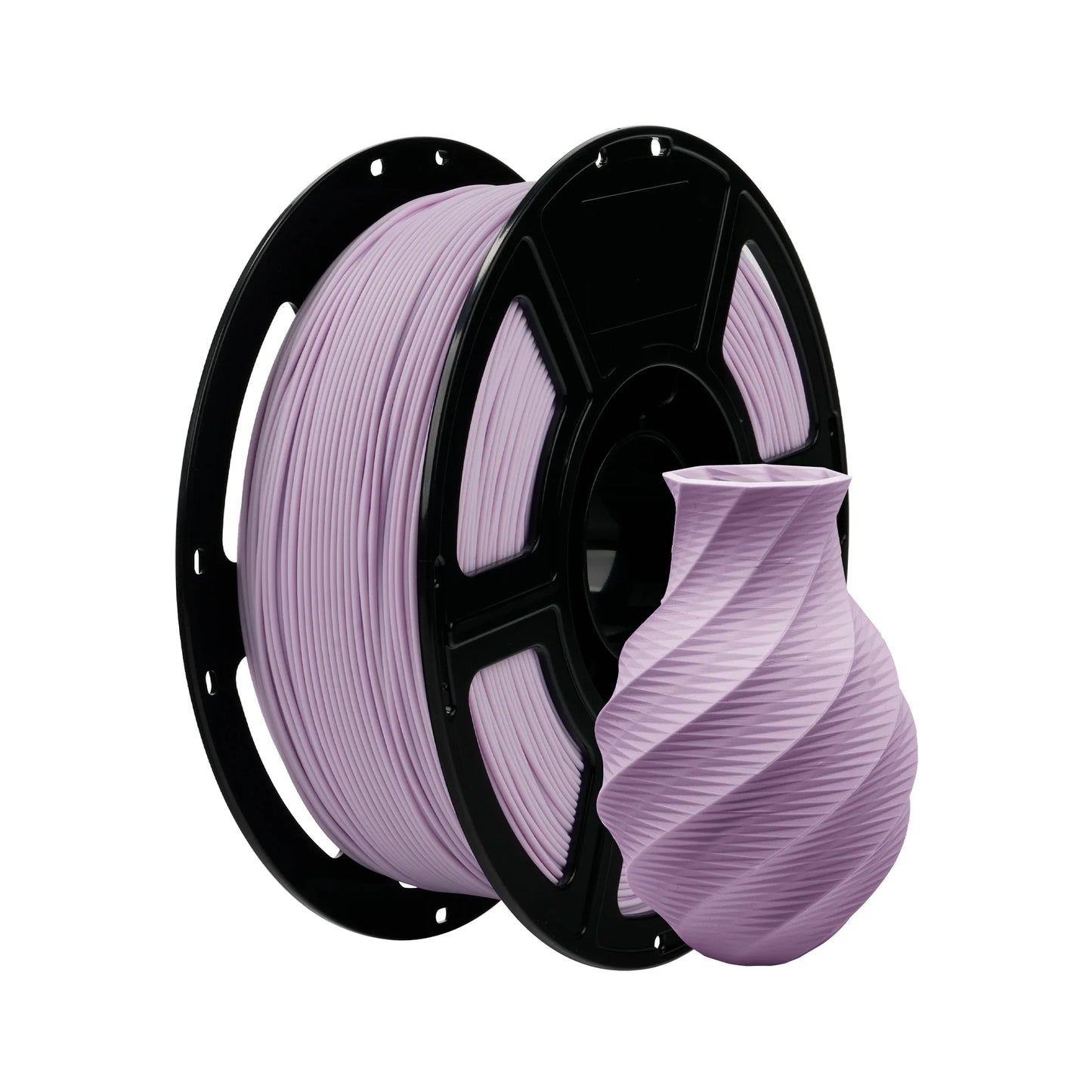 A spool of Flashforge PLA 1.75mm Matte Colour filament from 3D Printing Perth - Cirrus Link is displayed beside a small, spiral-patterned vase printed with the same material.