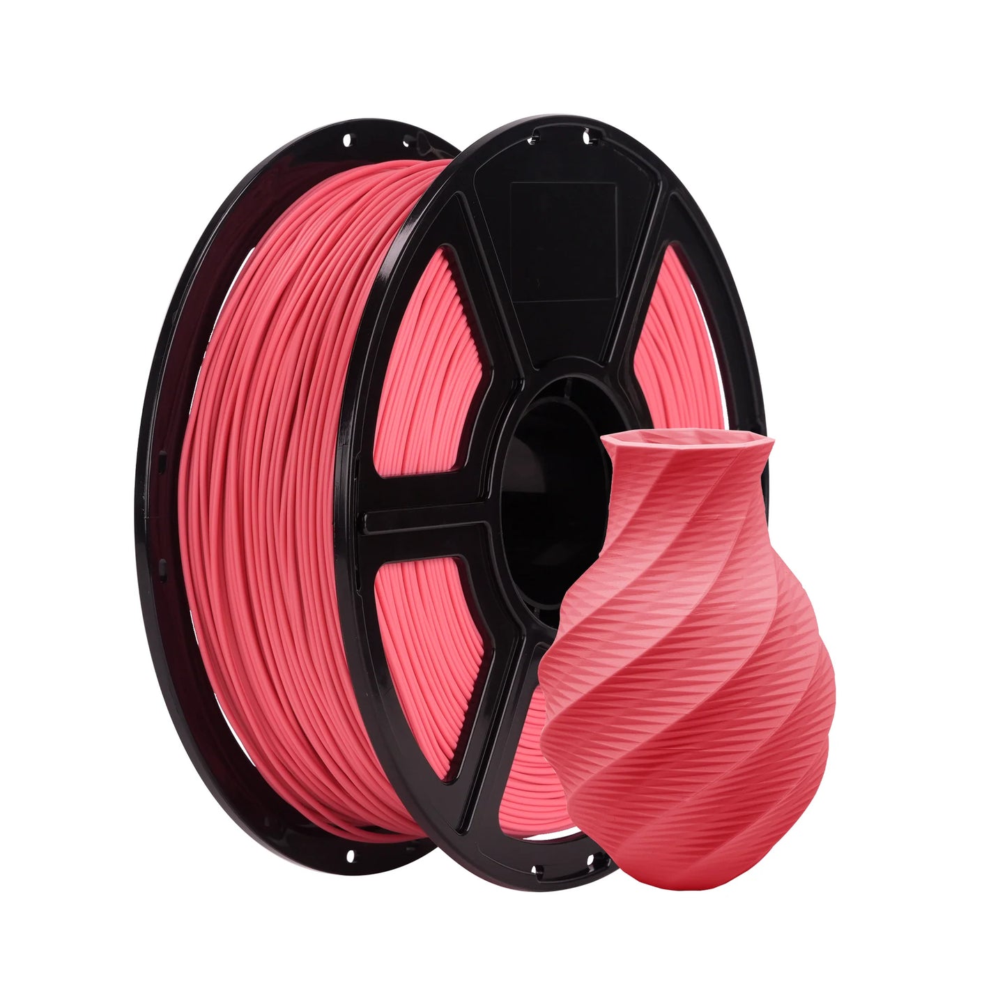 A spool of Flashforge PLA 1.75mm Matte Colour filament from 3D Printing Perth - Cirrus Link sits next to a pink, twisted, vase-shaped 3D printed object.