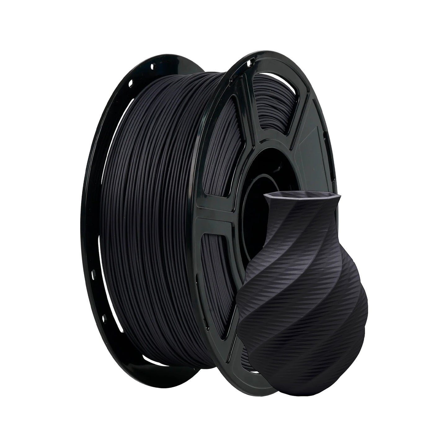 A spool of Flashforge PLA 1.75mm Matte Colour filament by 3D Printing Perth - Cirrus Link sits next to a small black twisted vase printed from the same material, both displayed on a white background.