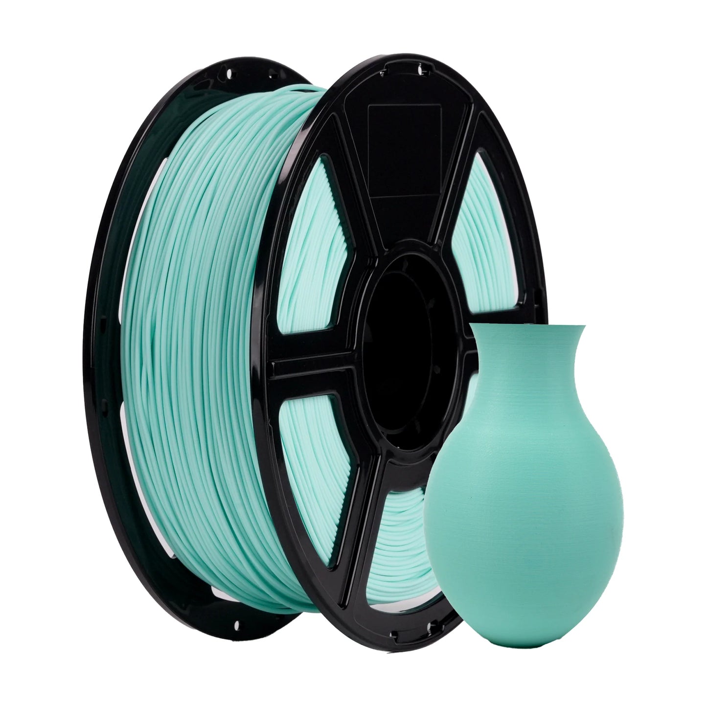 A spool of Flashforge PLA 1.75mm Matte Colour filament by 3D Printing Perth - Cirrus Link in light blue is pictured beside a small, matching 3D printed vase.