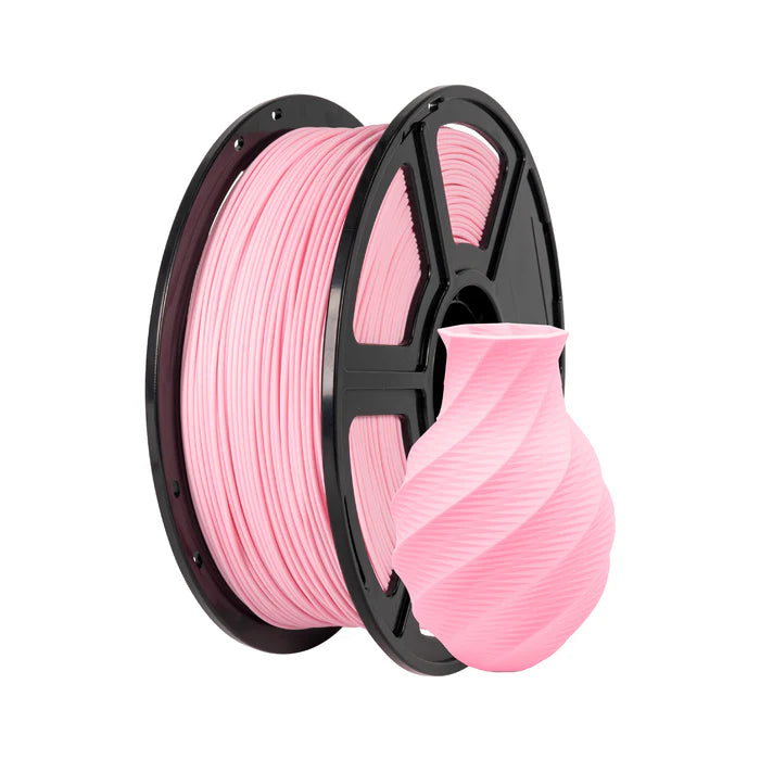 A spool of Flashforge PLA Matte 1.75mm 3D Printing Filament in pink, with a small, pink, spiral-patterned 3D-printed vase placed in front.
