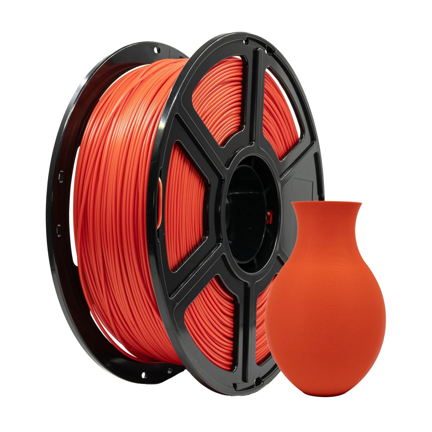 A spool of Flashforge PLA 1.75mm Matte Colour Filament by 3D Printing Perth - Cirrus Link sits beside an orange 3D-printed vase, perfect for your next creative project.