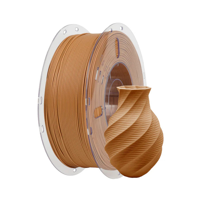 A spool of Flashforge PLA Matte 1.75mm 3D Printing Filament in tan is displayed beside a small, tan, spiral-patterned 3D-printed vase.
