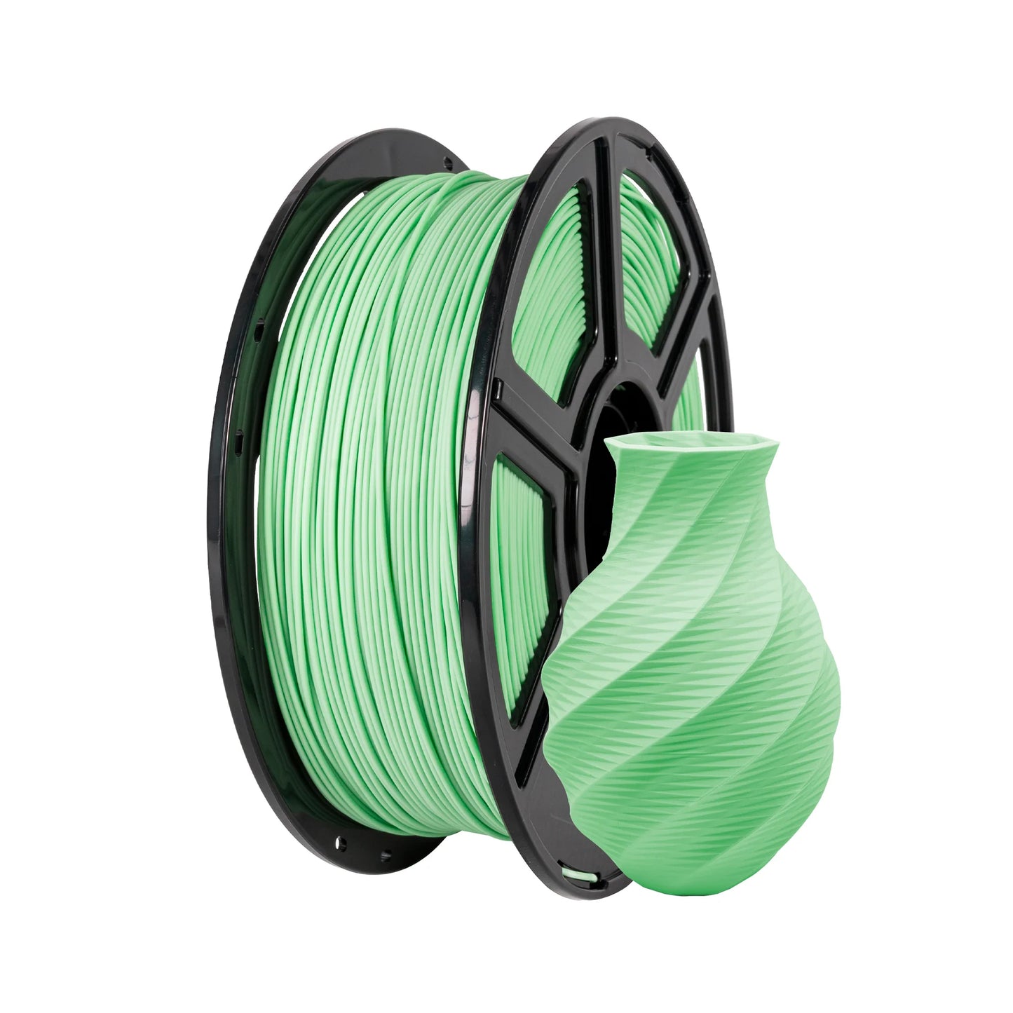 A spool of Flashforge PLA 1.75mm Matte Colour Filament in light green from 3D Printing Perth - Cirrus Link, placed next to a small, spiral-patterned light green 3D printed vase.