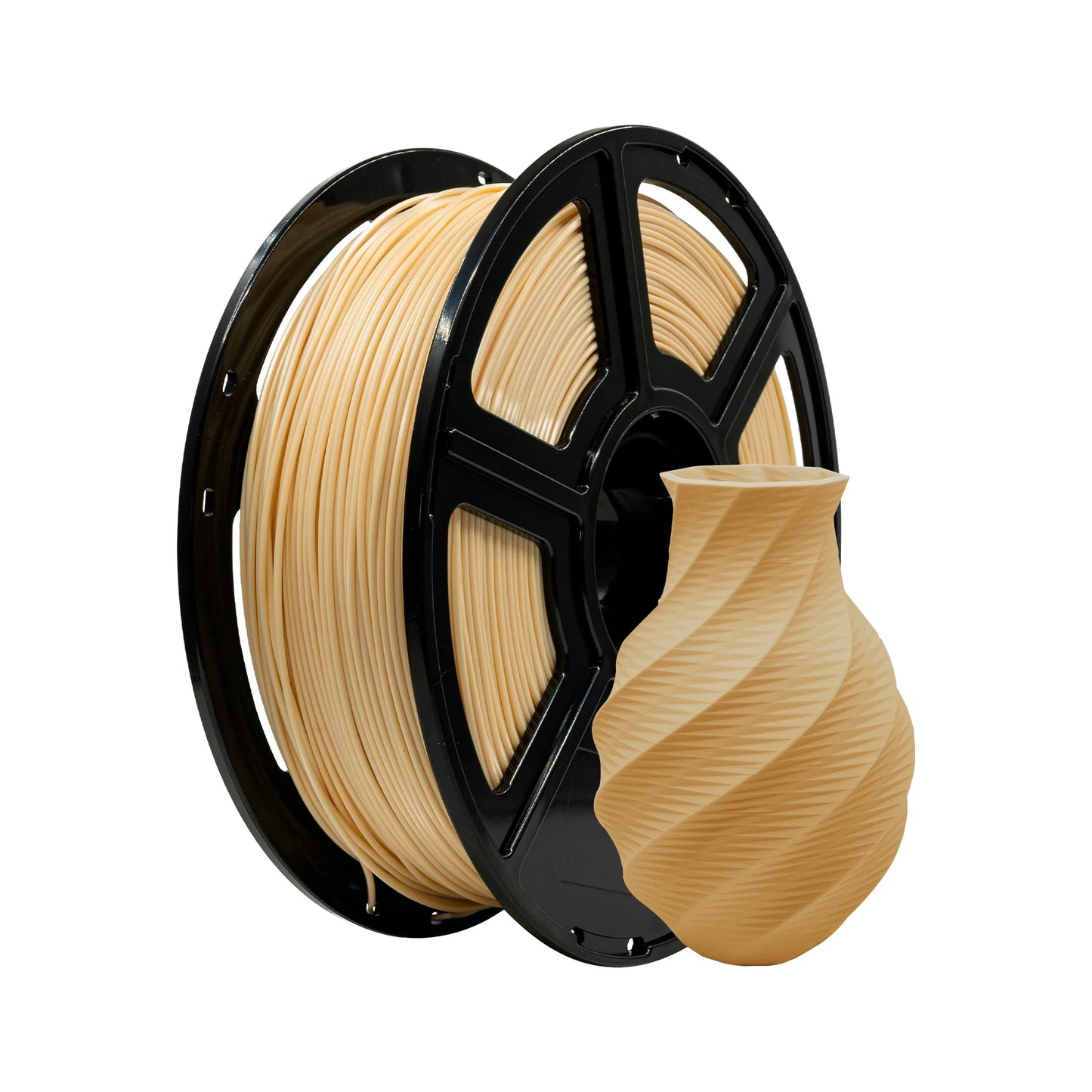A spool of Flashforge PLA Matte 1.75mm 3D Printing Filament and a spiral-patterned beige vase printed from it are displayed on a white background.