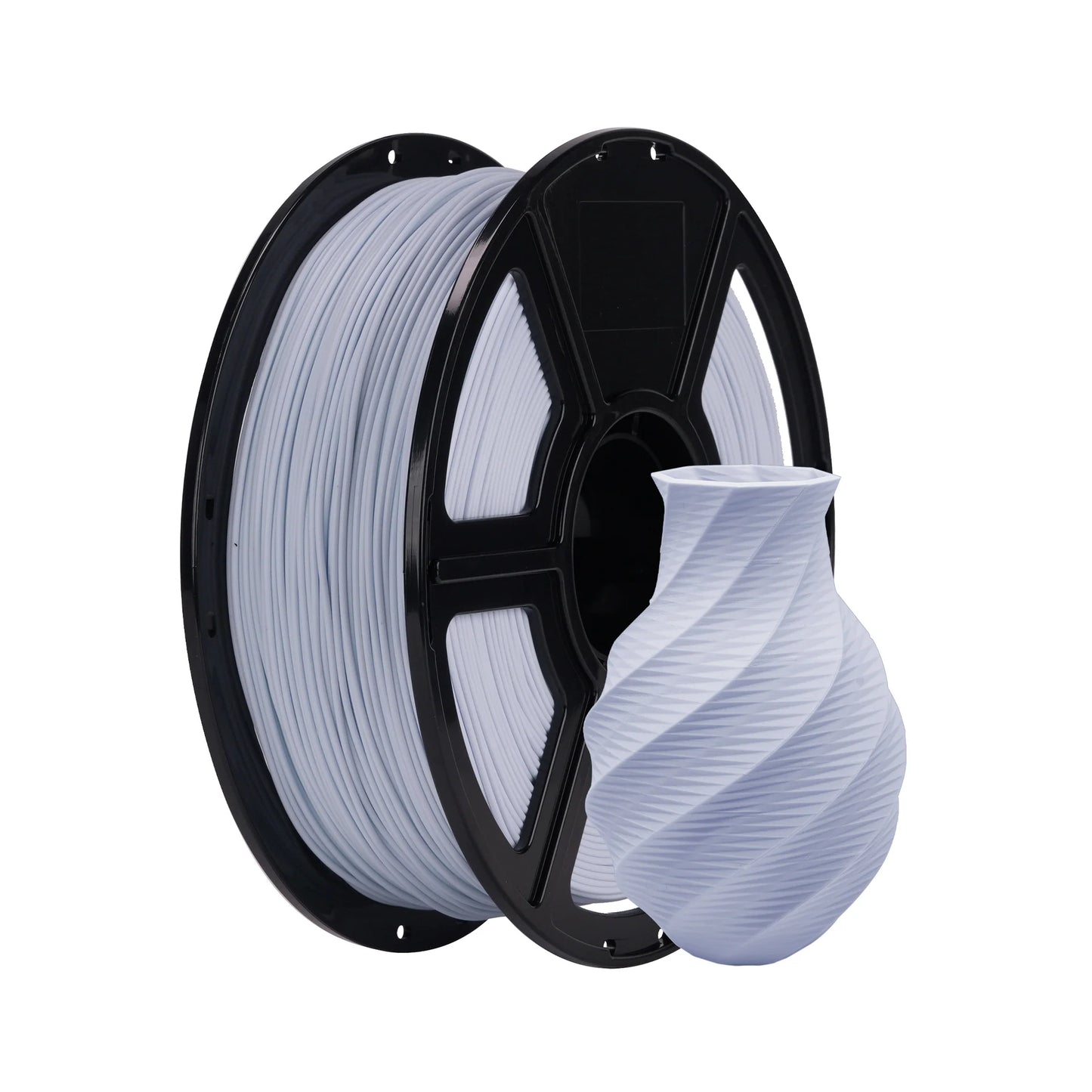 A spool of Flashforge PLA 1.75mm Matte Colour 3D Printing Filament from 3D Printing Perth - Cirrus Link sits beside a small white vase printed with the biodegradable filament, both on a plain white background.
