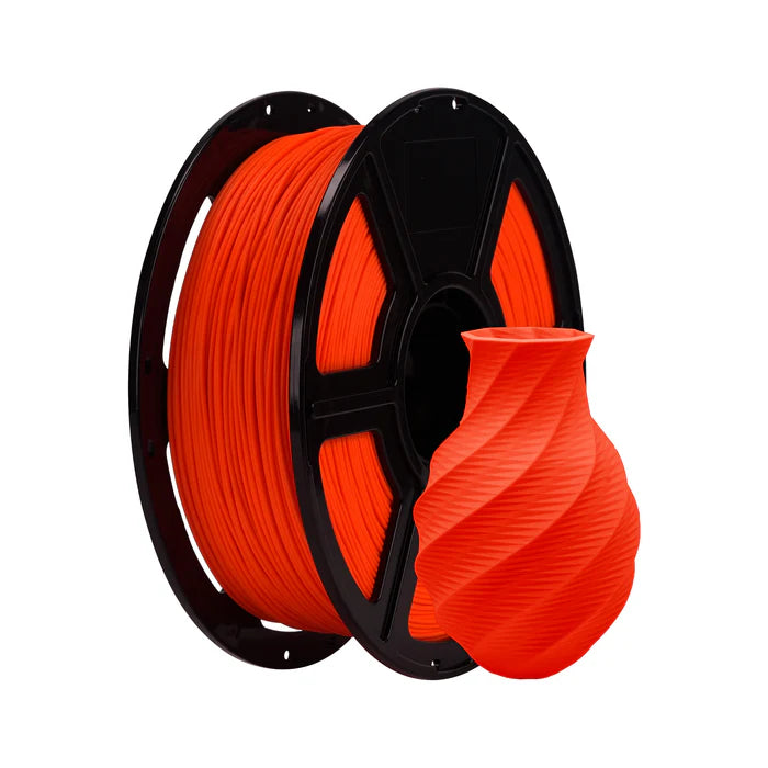 A spool of Flashforge PLA Matte 1.75mm 3D Printing Filament in bright orange is shown beside a small, spiral-patterned orange vase created with the filament.