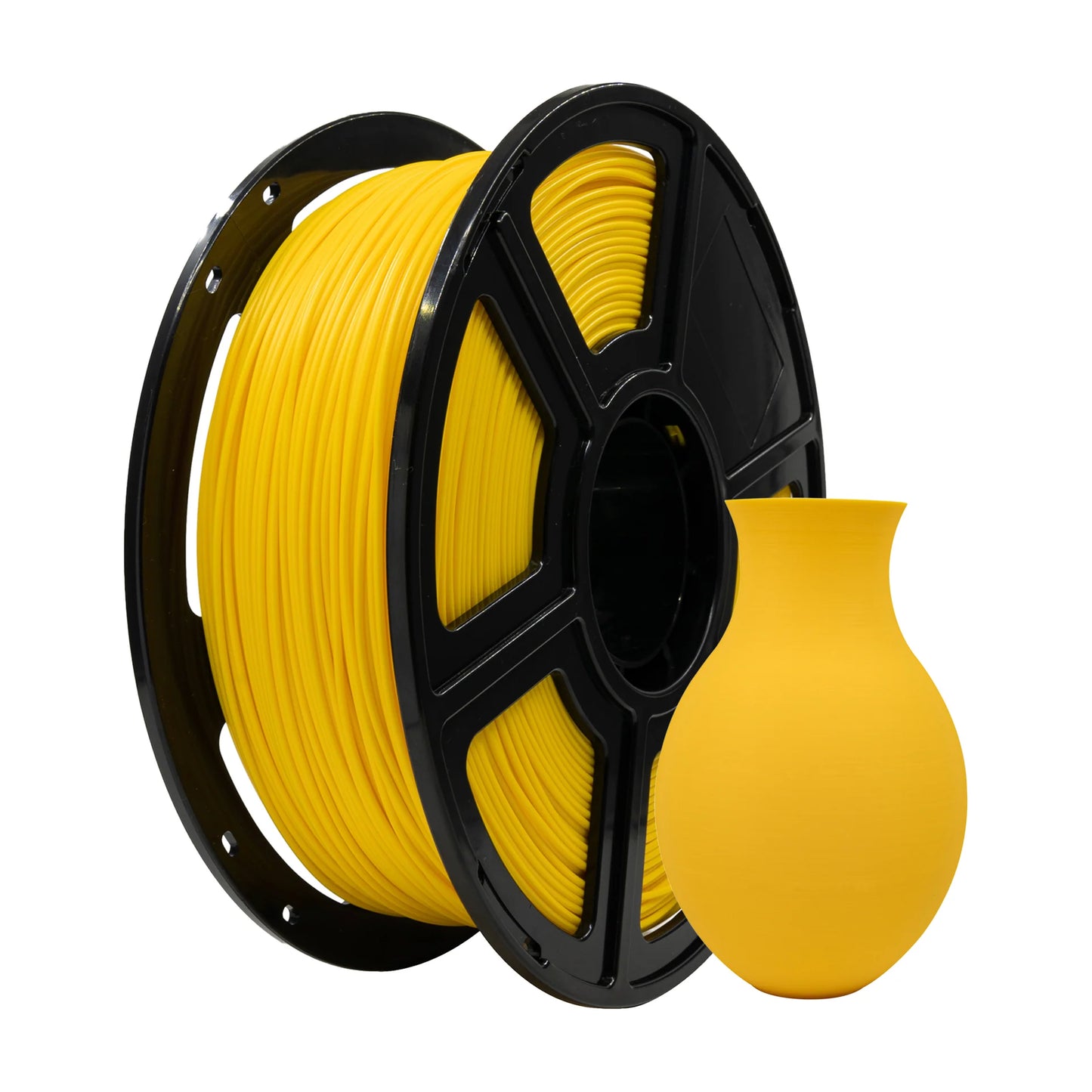 A spool of Flashforge PLA 1.75mm Matte Colour Filament by 3D Printing Perth - Cirrus Link sits beside a small yellow 3D-printed vase.